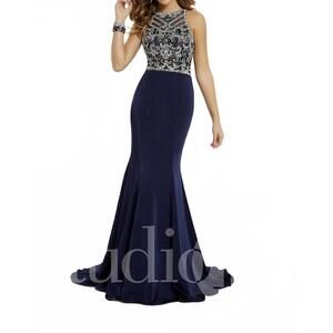 NEW STUDIO 17 illusion back prom gown in navy
